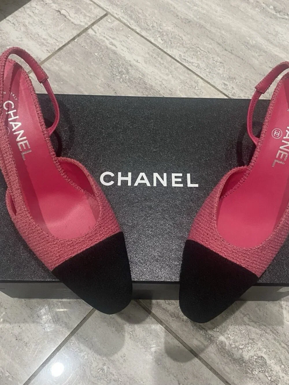 Chanel Slingback Tweed Pink & Black Grosgrain Pump Sandal Heels Women’s 38.5